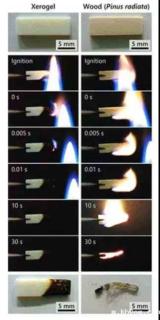 CNF干凝胶和天然木材的可燃性测试